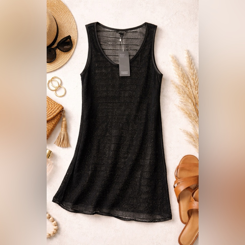 Eileen Fisher Black Linen mesh Grain Tank Open Weave Leather Trim Sz MEDIUM